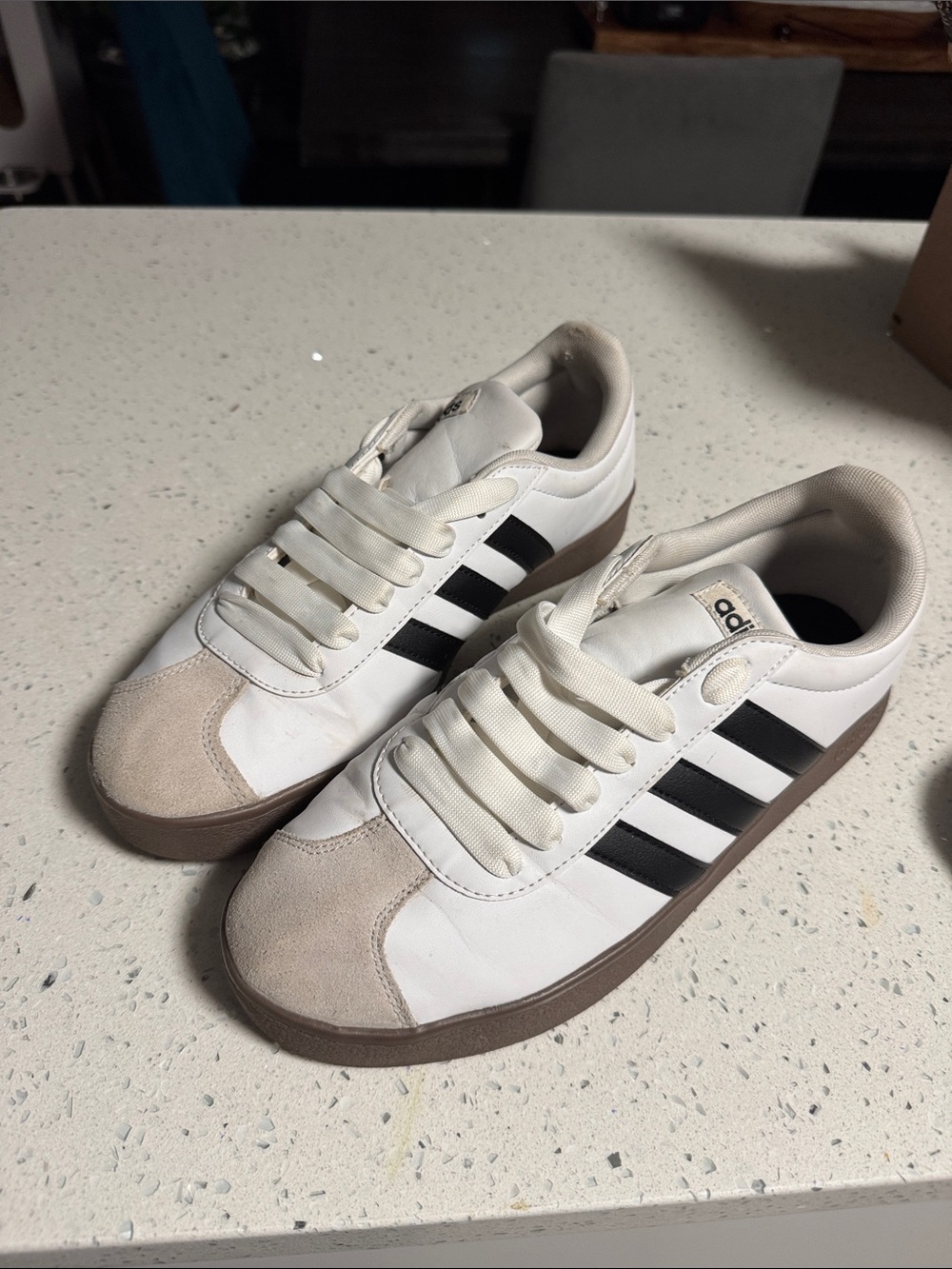 adidas White Sneakers with Black Stripes and Brown Sole